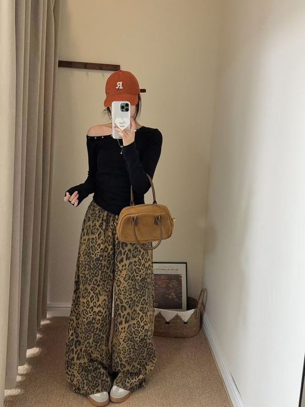 韩代美式豹纹铆钉阔腿裤女秋季新款高腰宽松显瘦直筒百搭休闲长裤|undefined