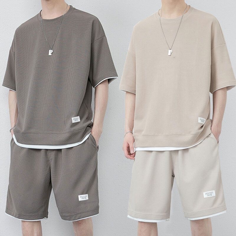 Waffle Casual Suit Men's Summer Youth Plus Size Men's Sports Short-Sleeved Shorts with a Set of T-Shirts