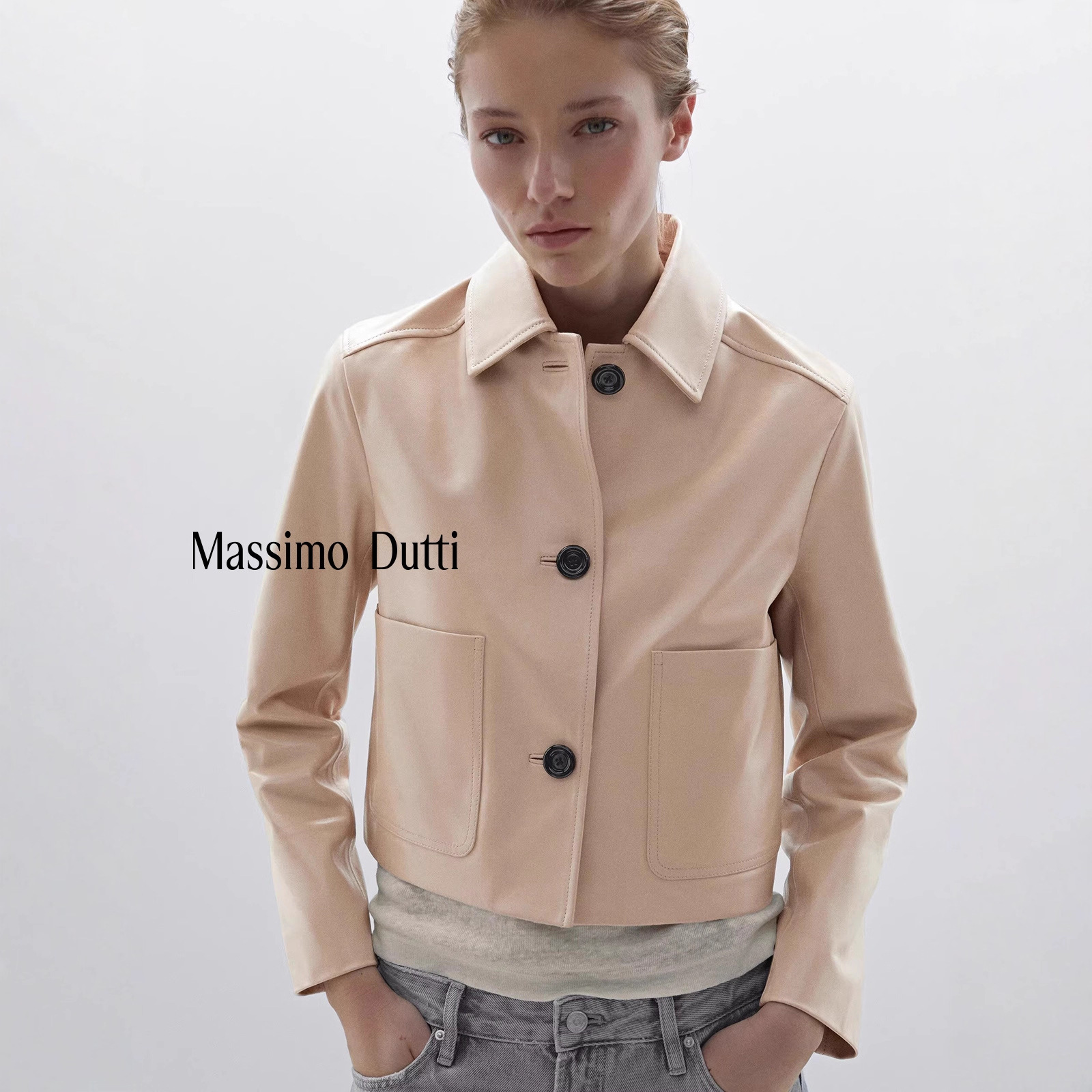 New Season Special Offer Massimo Dutti 2026 Autumn Women's Country-Style Short Textured Faux Leather Jacket with Small Lapel