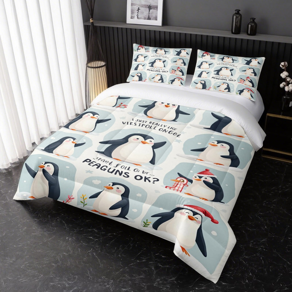 TEMU / JIT lindo pingüino impresión digital 3D 180gms suave y cómodo colcha colchón conjunto de almohada