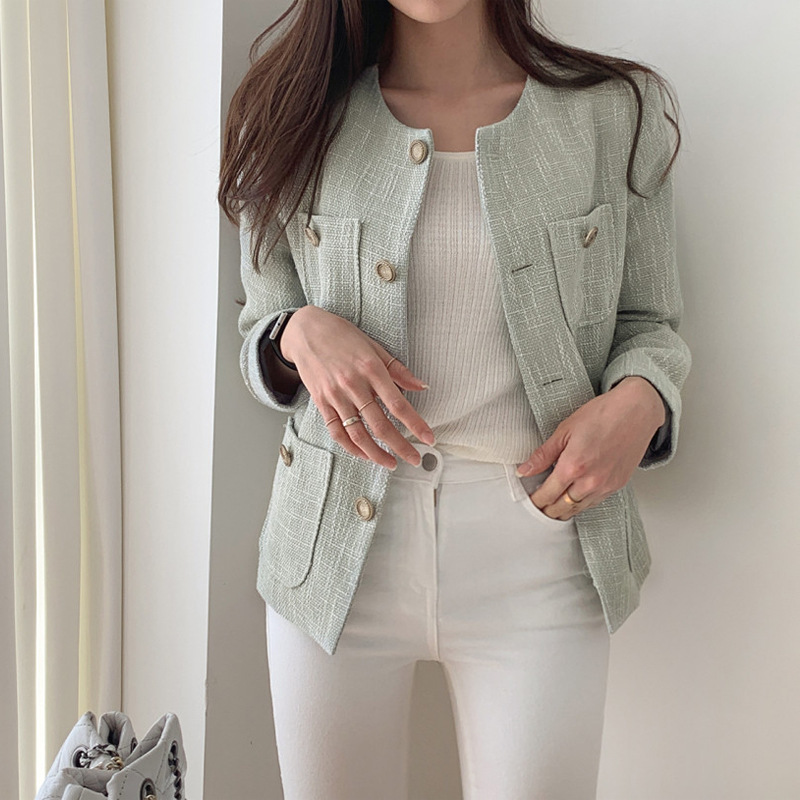 Chanel style tweed slim-fit slimming coat for women 2023 spring and autumn French socialite round neck single-breasted casual wear