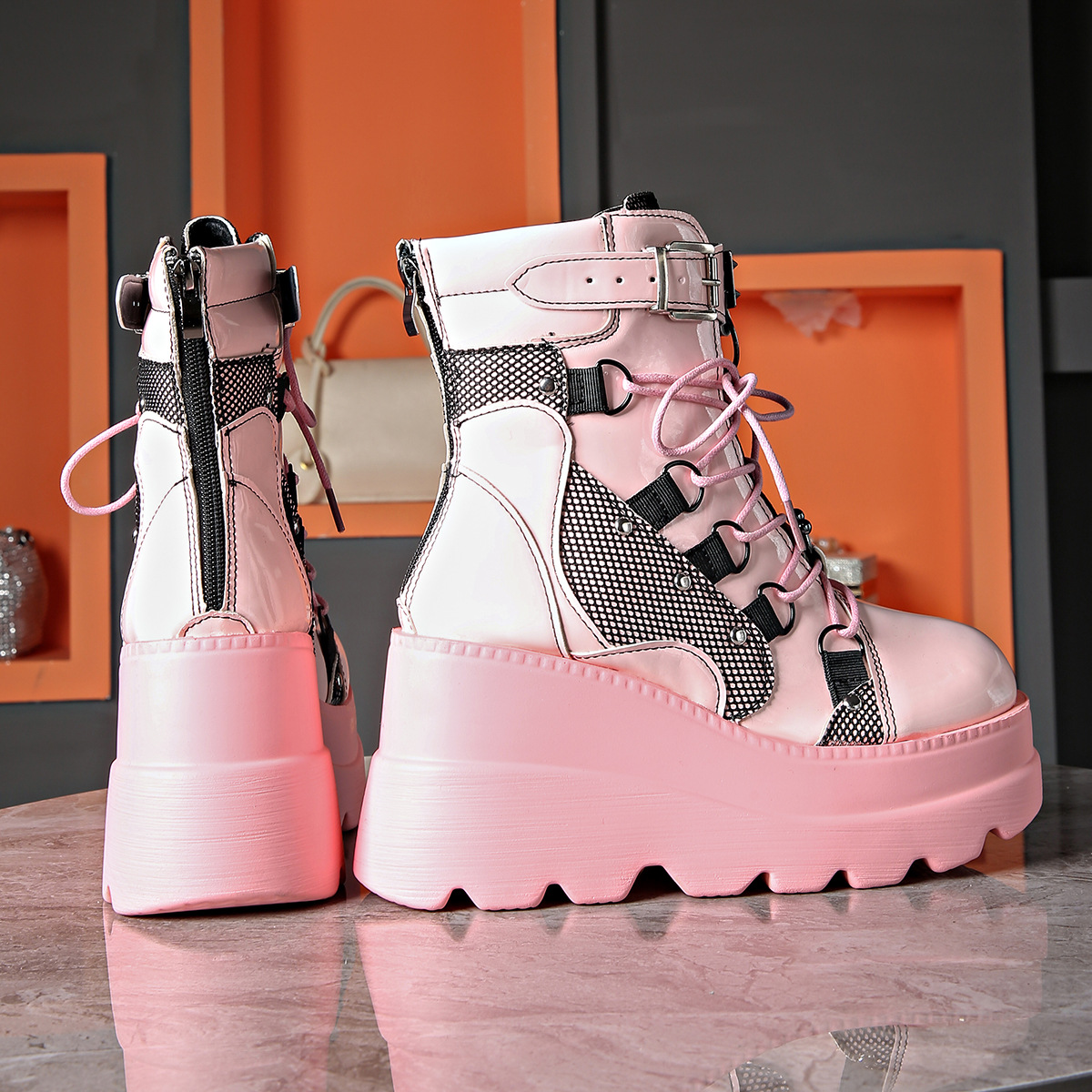 Women's Shoes wedge heel Martin boots women 2024 new pink thick sole large size fashion short boots women dark rivets_voghion.com