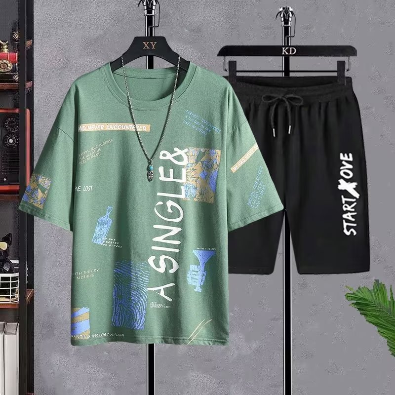 Nuevo traje de degradado de seda de hielo de secado rápido, camiseta de manga corta para hombre, pantalones cortos casuales de verano, traje deportivo de dos piezas al por mayor de fábrica