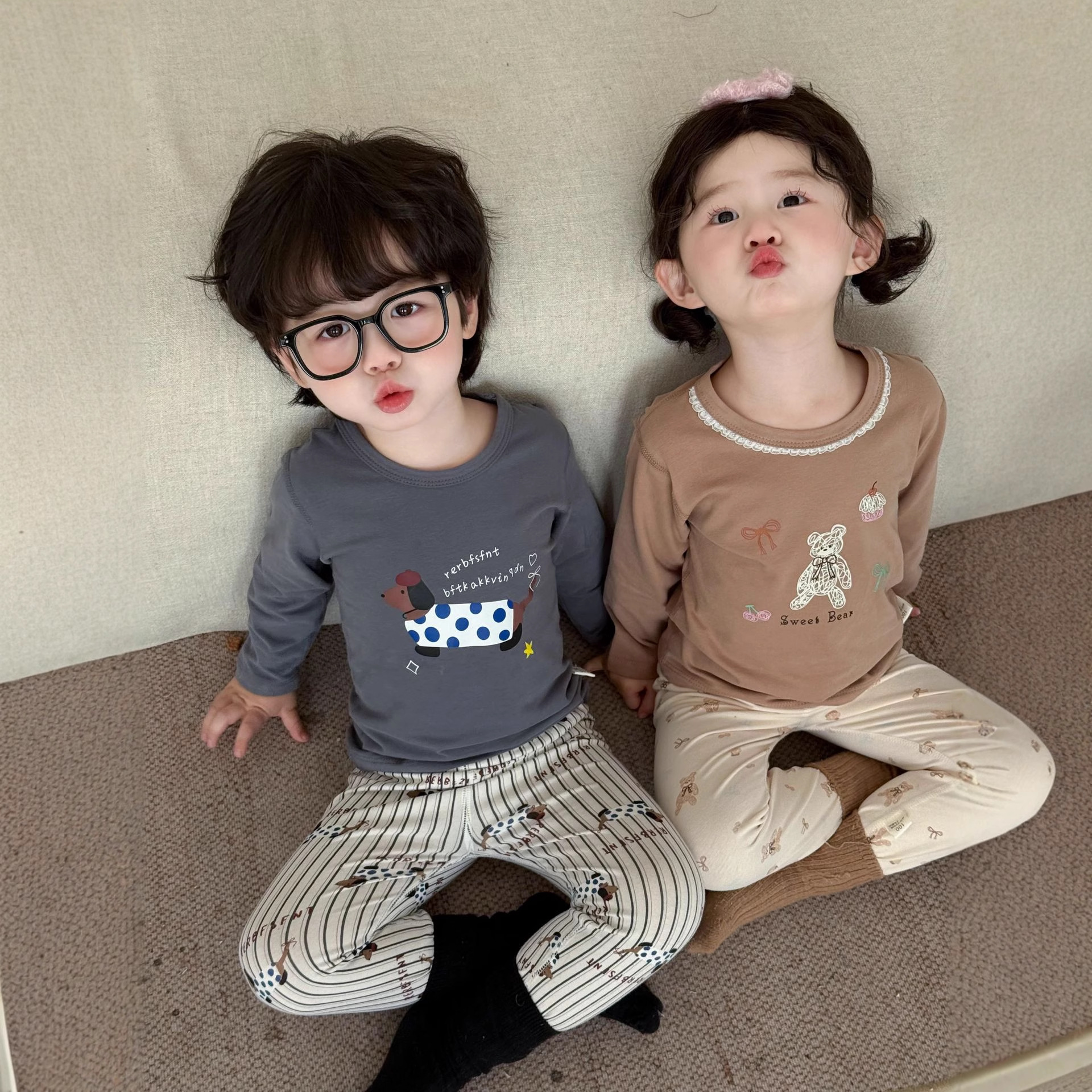 Children's Spring and Autumn Lycra Seamless Pure Cotton Thermal Underwear Set Boys and Girls Autumn Clothes and Pants Autumn Baby Home Wear