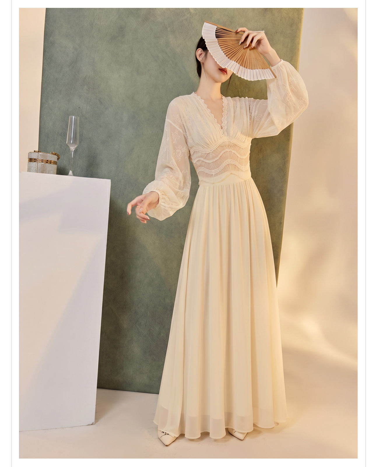 Váy maxi ren thêu lưới tay phồng lồng đèn cổ V thắt lưng dáng suông — áo, bộ đồ, nửa váy chi tiết 6