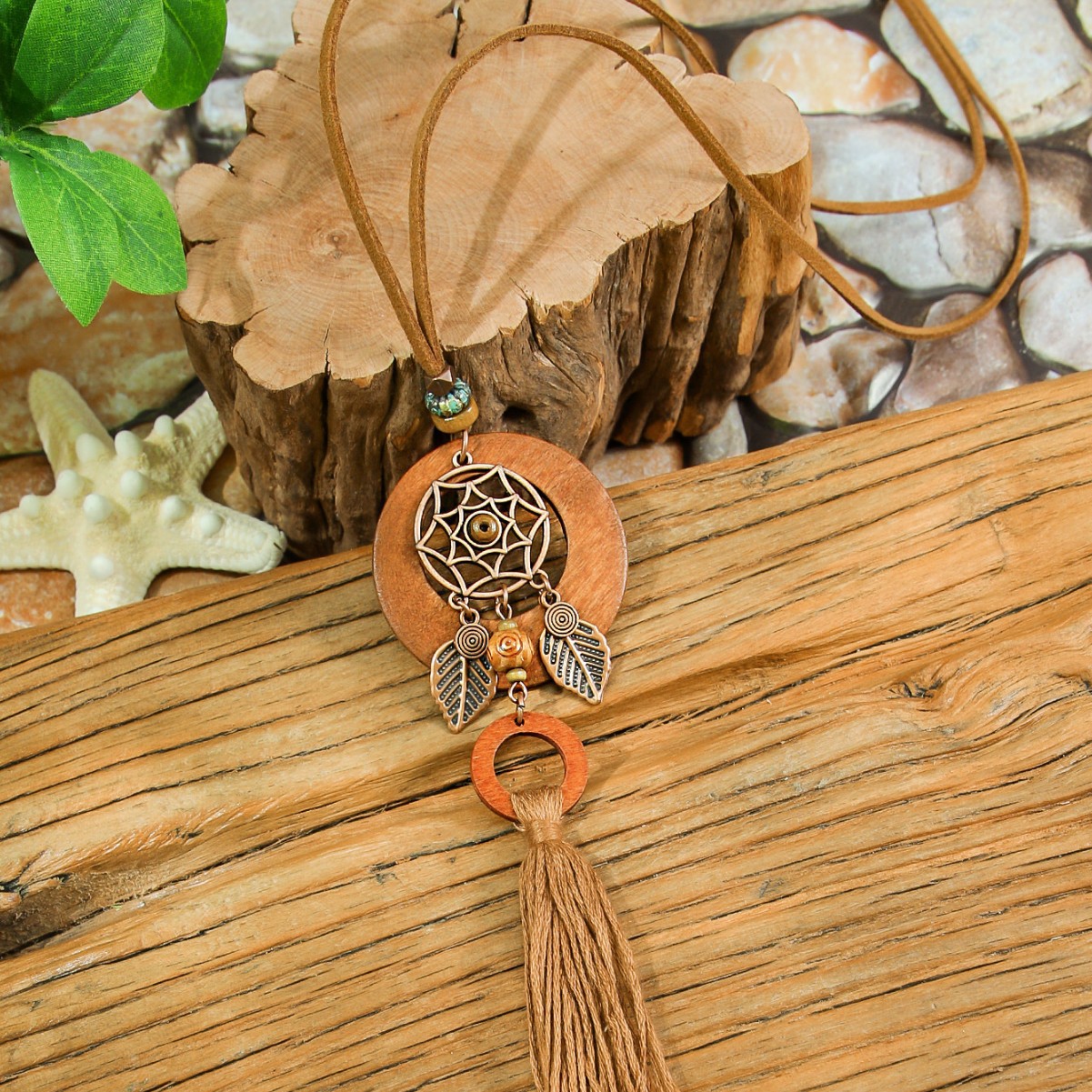 Bohemia Dream Catcher borla pendientes collar de madera estilo étnico largo borla colgante accesorios suéter cadena