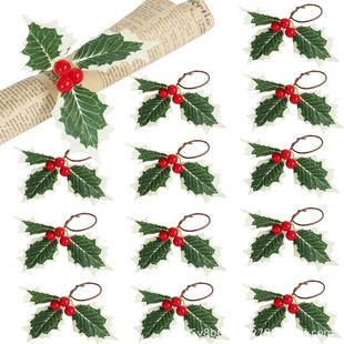 Cross-Border Christmas Flower Vine Napkin Ring Wire Green Leaves Christmas Red Berries and Green Holly Leaves Napkin Ring Holder
