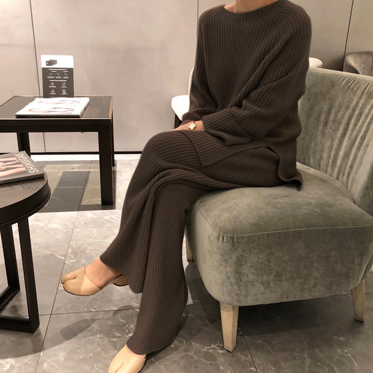 欧美跨境时尚针织套装女秋冬季新款开叉毛衣阔腿裤宽松休闲两件套|undefined