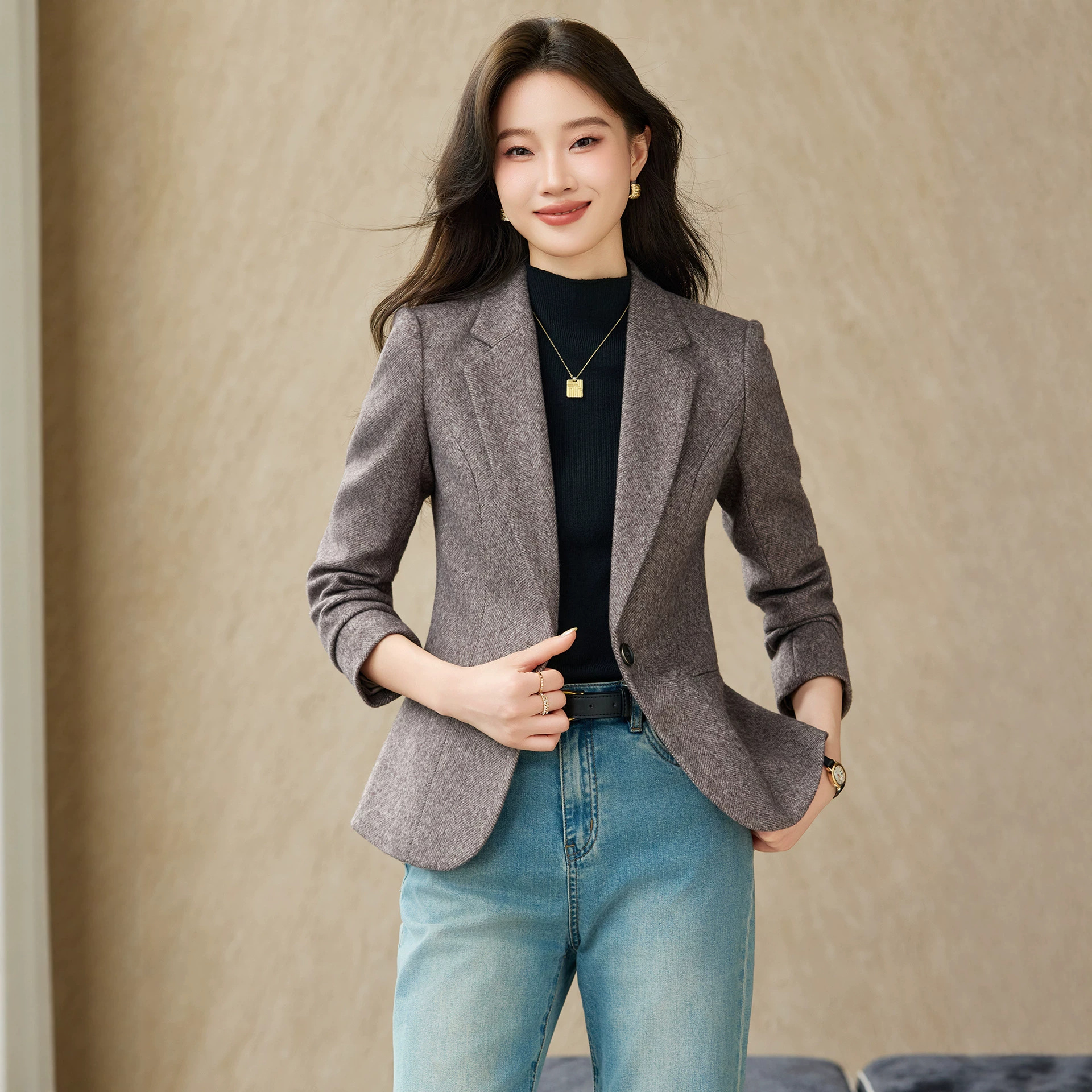 Brown casual blazer for women, autumn style, sophisticated and professional, petite women's suit jacket.