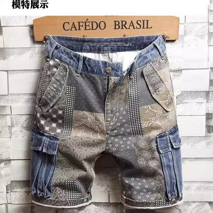 Men's denim shorts, summer thin style, trendy printed loose-fitting five-point pants, fashion brand men's shorts, cargo pants