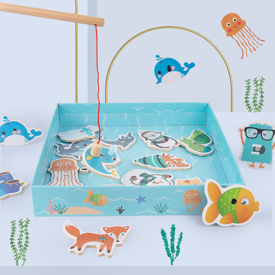 釣魚玩具磁性魚木質釣魚玩具擺攤數字認知早教啓蒙海洋知識盒裝
