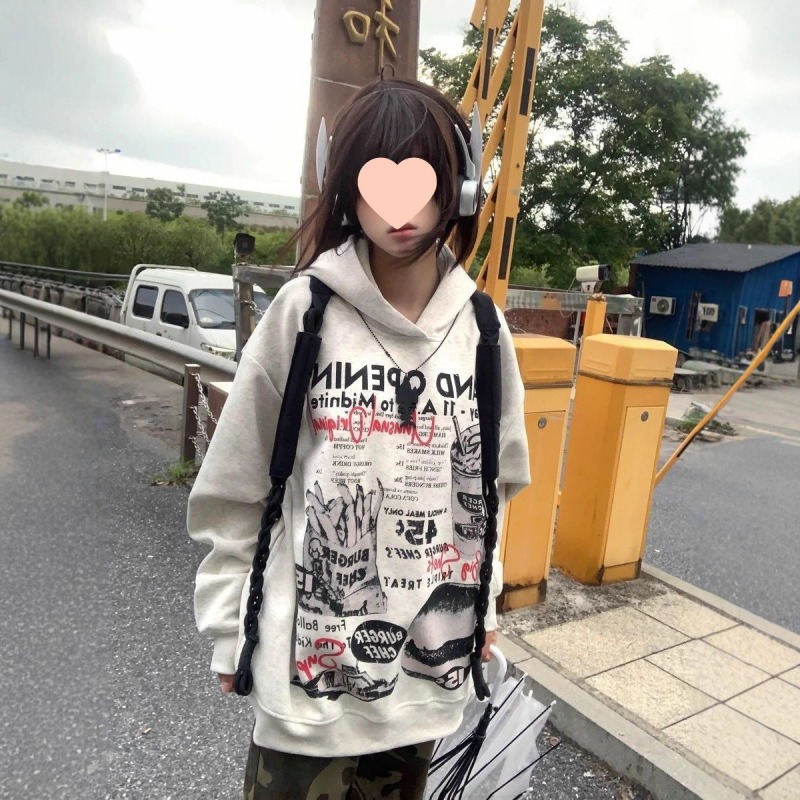 美式复古汉堡薯条印花连帽卫衣女秋冬新款重磅银狐绒外套|undefined