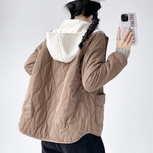 轻薄保暖羊毛棉服女2024冬季新款时尚假两件拼接翻领棉衣棉袄外套