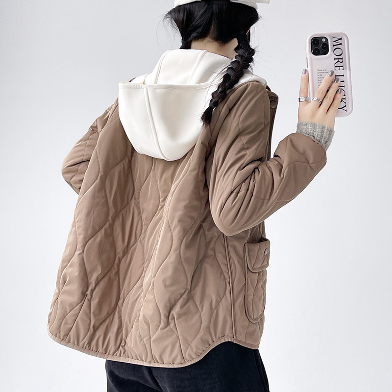 轻薄保暖羊毛棉服女2024冬季新款时尚假两件拼接翻领棉衣棉袄外套