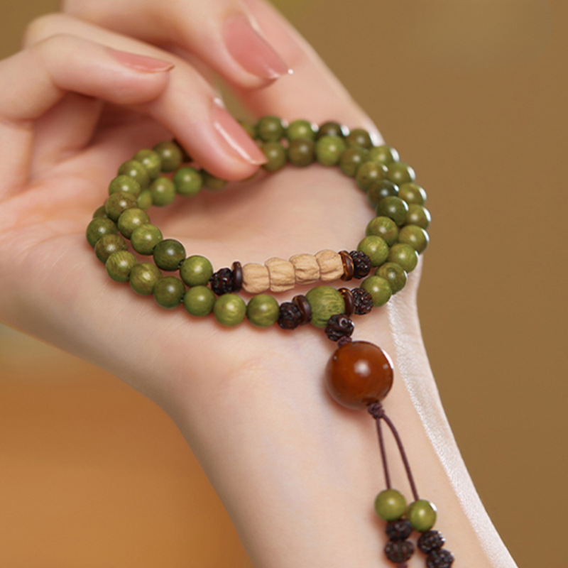 Authentic Putuo Mountain Natural Green Sandalwood Bracelet Women's Wooden Wen Play Buddha Bead Plate Play Pax Seeds Sandalwood Good Luck Lucky Lucky