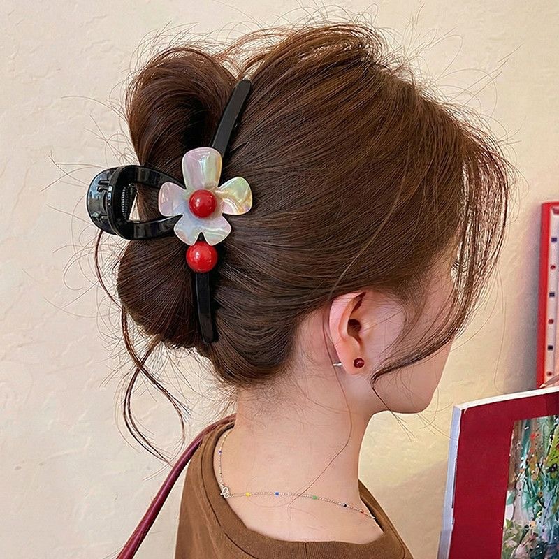 64# colorful shell pattern red bead flower clip about 13cm