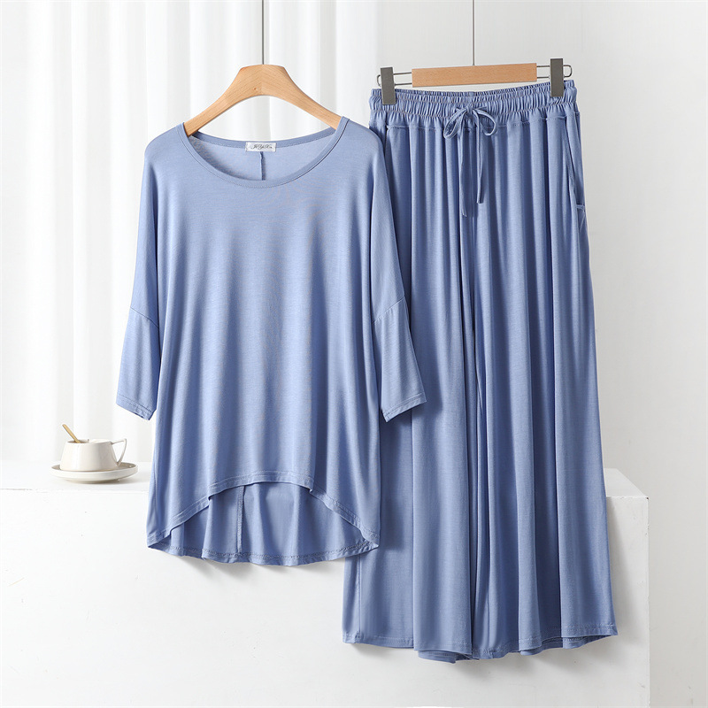 Three-quarter sleeve t-shirt home wear suit wide leg pants women's top loose large size pants modal thin pajamas suit Three-quarter sleeve t-shirt home wear suit wide leg pants women's top loose large size pants modal thin pajamas suit