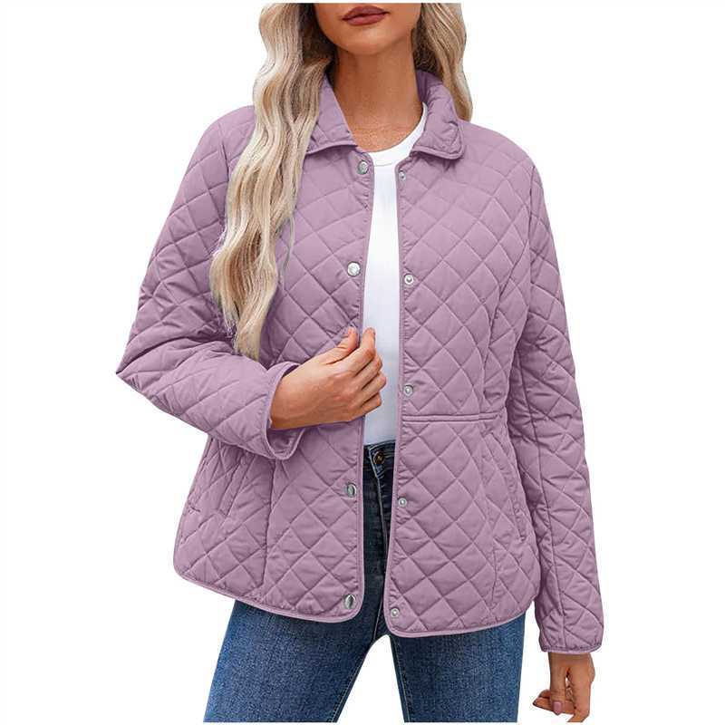 Amazon 2025 Autumn and Winter Women's Casual Pure Color Lapel Hidden Button Long-Sleeved Diamond Plaid Quilted Jacket