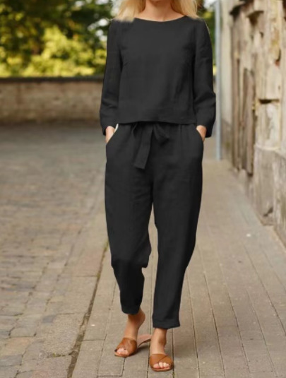 亜麻のスーツの婦人服のファッション的な純色のカジュアルな2つのセットの2022外国貿易の春と夏のシンプルなレトロなウエストのひも|undefined