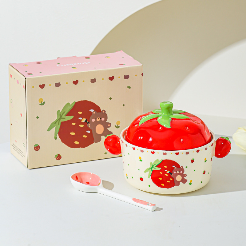 Cartoon Strawberry adorable tazón de fideos de chicas bolos de fideos caseros bolos de cerámica de doble oreja con cubierta cubierta de platos de regalo set de platos