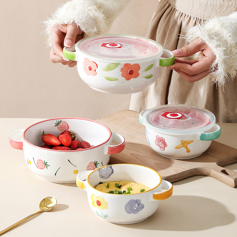 Estilo pintado a mano lindo cerámica binaural fruta ensalada tazón ins estilo postre tazón hogar desayuno tazón de cerámica con tapa
