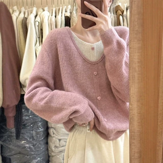 温柔风韩系软糯宽松慵懒风100%羊毛衫女假两件叠穿松弛感针织毛衣