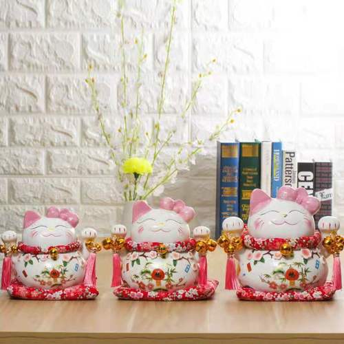 7-inch Peach Blossom Cat Figurine, Money Bank, Fortune Cat Ceramic, Gift for Best Friend, Festival Gift, Ceramic Home Decor, Ornament