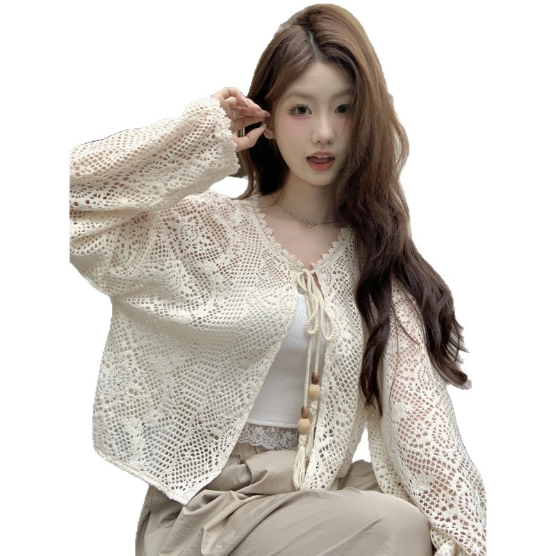 2024 Spring and Summer New Sunscreen Lace Cardigan Vacation Braided Hollow Short Jacket Small Shirt with Tie
