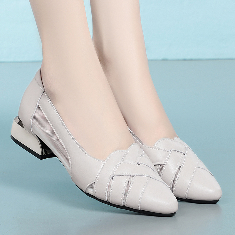 Sandal nữ da bò gót vuông thấp quai chữ V miệng nông mùa hè — Màu be xám (toàn bộ da bò)