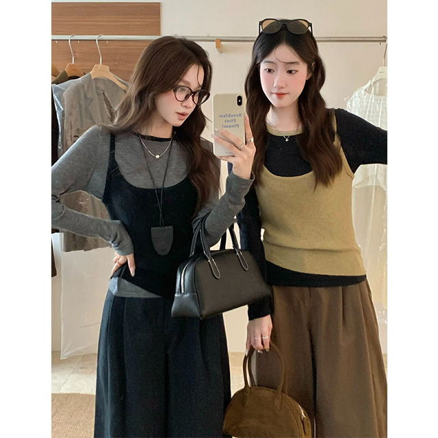 Korean-style layered knitwear set for women, autumn gentle style, color-blocking round neck, versatile slimming camisole two-piece set Korean-style layered knitwear set for women, autumn gentle style, color-blocking round neck, versatile slimming camisole two-piece set