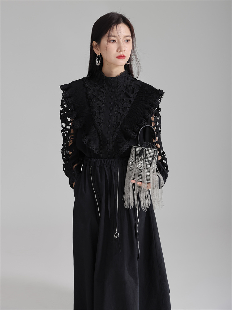 法米姿 早春新款宫廷风法式刺绣镂空衬衫显瘦别致立领上衣