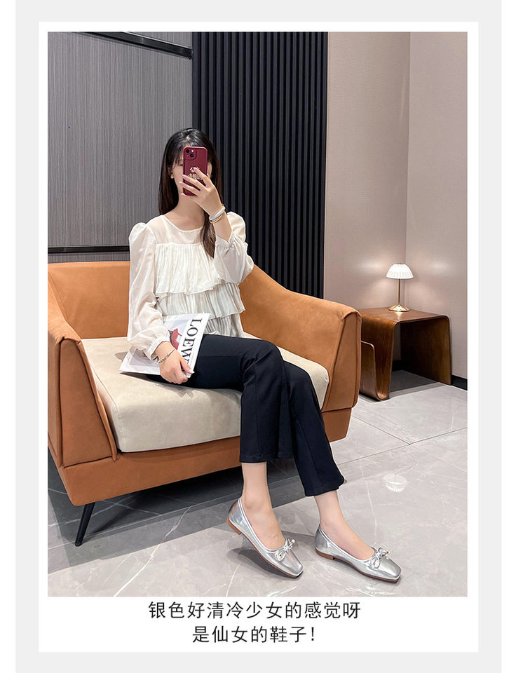 Giày búp bê nữ mũi vuông đế mềm đính ngọc trai, gót thấp dưới 3 cm — Màu bạc, Màu trắng sữa, Màu đen chi tiết 19