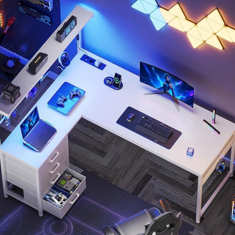 Amazon Computer Desk with Led Lights, Bedroom and Living Room Gaming Desk with Drawer Cabinet and Hanging Rack, Student DIY Craft Desk Amazon Computer Desk with Led Lights, Bedroom and Living Room Gaming Desk with Drawer Cabinet and Hanging Rack, Student DIY Craft Desk