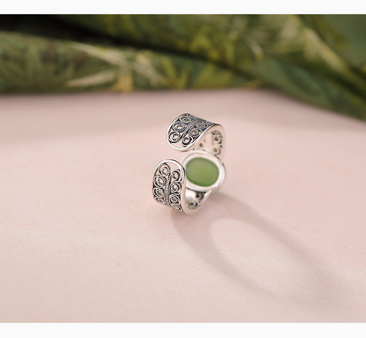 Nhẫn bạc S925 đính ngọc Hetian Jasper hình bướm rỗng vintage — một mảnh chi tiết 3
