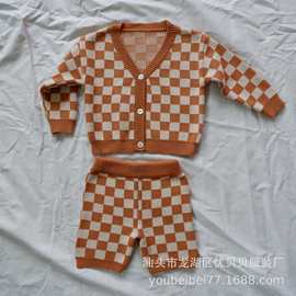 INS热销女童装男女宝棉套装儿童格子提花长袖短裤针织毛线开衫衣