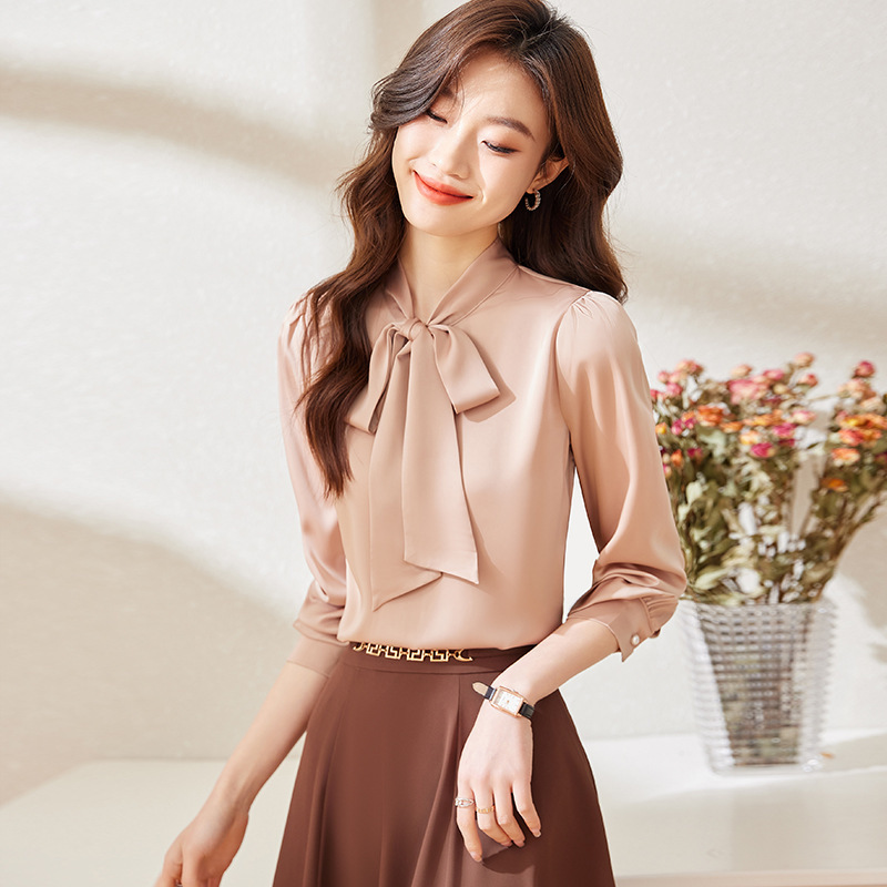 Qigu Niang French Style Shirt Women's Tie Bow Ribbon Spring and Summer Chiffon Top Design Sense Fashion Western Style Shirt