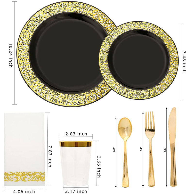 Black background Golden hollow plate suit disposable plate golden edge plate wine glass knife fork spoon PS hard plastic Amazon