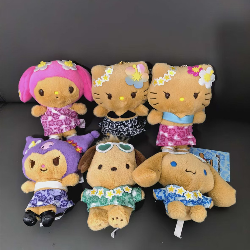 Cute Sanrio Hawaiian Sunbathing Coffee Leather Pattern Clothing Kt Cool Rice Cinnamon Dog Plush Toy Small Pendant