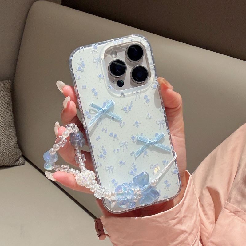 Lazo floral azul coreano para Apple 15Pro/16Pro funda para teléfono móvil 14 cadena 13 femenino 16PM nuevo