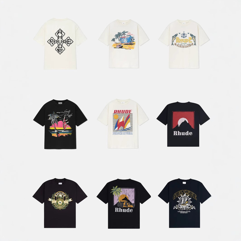 Rhude Series Hound Pastoral Winery Slogan Print American Trendy Brand High Street Versatile Loose Cotton Short-Sleeved T-Shirt