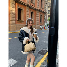 纯羊毛机车服皮毛一体皮草外套女2023秋冬新款女中长款羊羔毛大衣