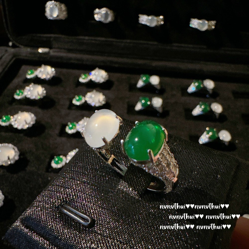 쥬얼리 브라질 녹색 CHALCEDONY 마노 달걀 표면 해바라기 링 새로운 중국 흰색 CHALCEDONY 더블 구슬 대조 컬러 링