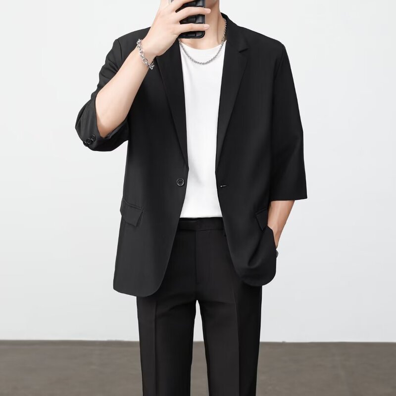Casual 7-point Sleeve Suit Men's Thin Ruffian Handsome Jacket Korean Style Fashionable All-match Fashionable Handsome Half-sleeve Small Suit Trendy