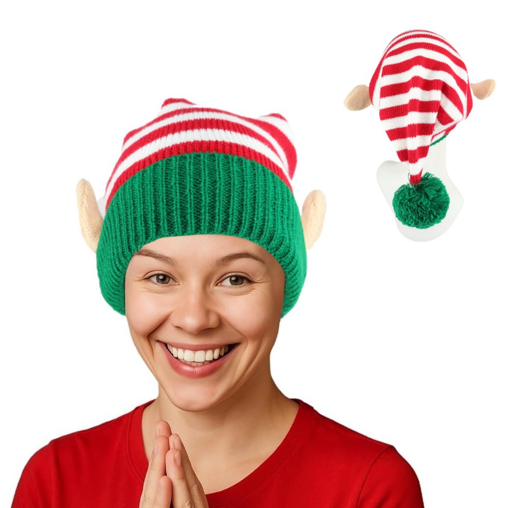 欧美男女针织耳朵精灵帽长尾毛球帽子圣诞节角色扮演道具