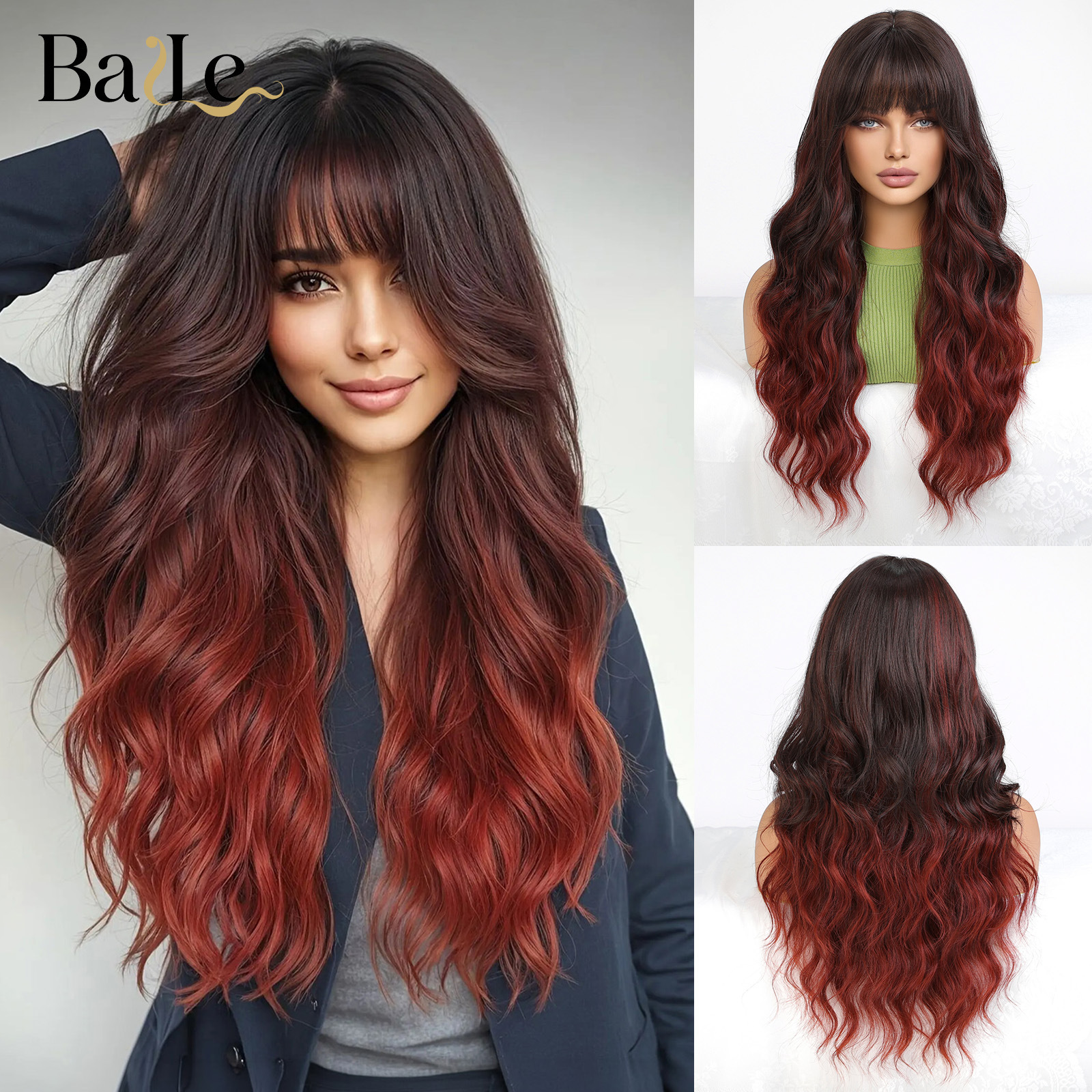 Perucas de cabello negro y rojo gradiente de cabello largo rizado ondas grandes resistencia a altas temperaturas simulación cuero cabelludo fibra química wig