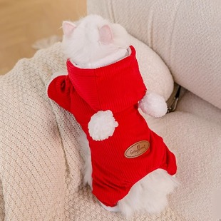 Cat autumn and winter corduroy thickened double fur ball leather label hooded four-leg cotton-padded clothes dog pet Teddy cat clothes
