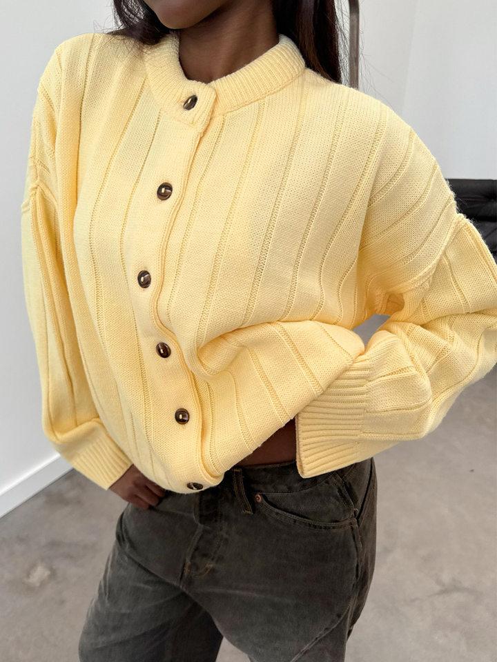 Áo cardigan len dệt kim cổ tròn dáng rộng tay dài nữ — màu vàng, màu xám nhạt chi tiết 54
