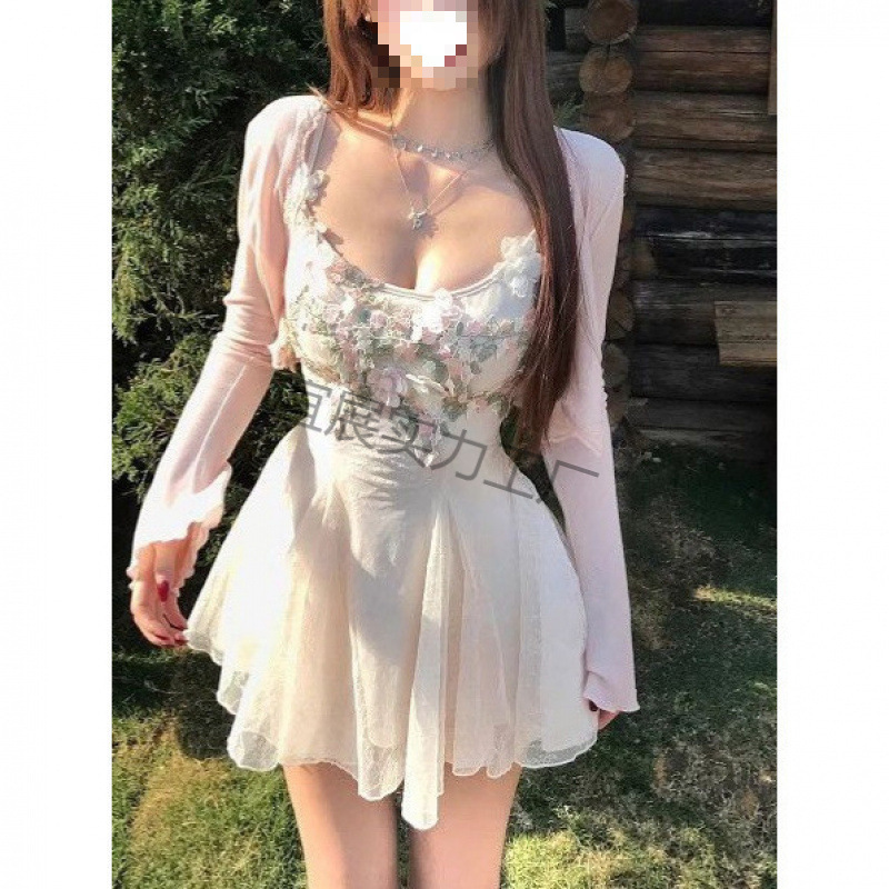 甘辛刺繍レースフラワーホワイト立体フラワーリボンサスペンダードレスカーディガンスカート純粋な欲望スタイルスーツ|undefined