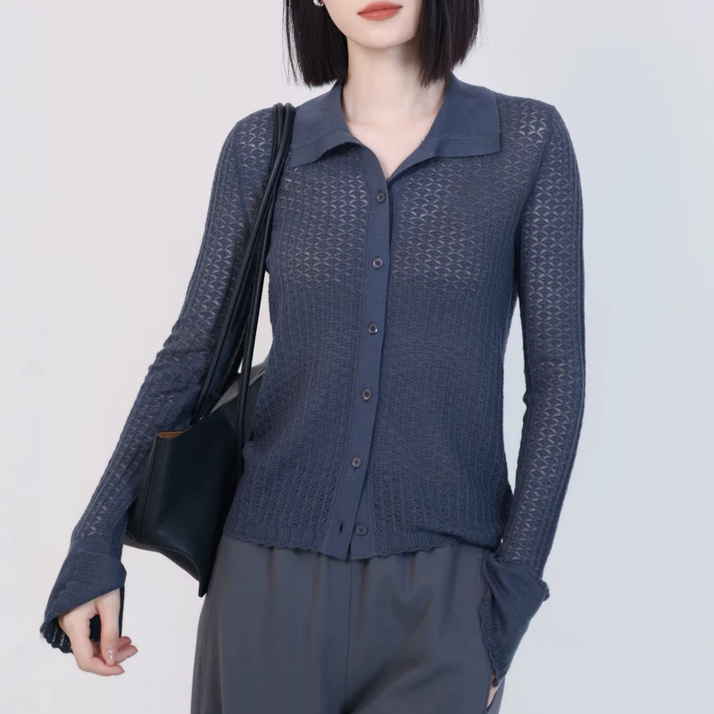 Nanyou high-quality Xiaohe 16-gauge 60-count wool collared cardigan, Merino fine-spun sheep wool perforated knit sweater Nanyou high-quality Xiaohe 16-gauge 60-count wool collared cardigan, Merino fine-spun sheep wool perforated knit sweater