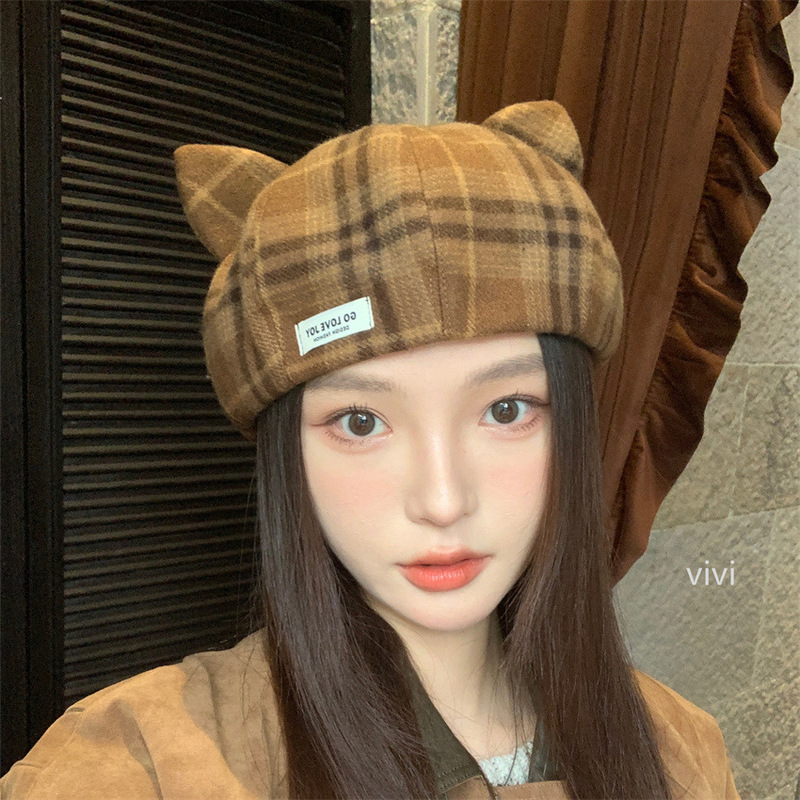 经典格子贝雷帽英伦百搭文艺画家帽韩版秋冬保暖可爱猫耳朵八角帽|undefined